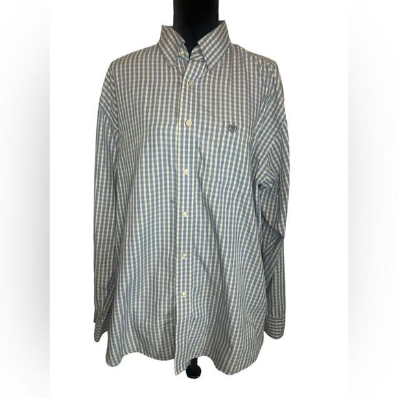 WRANGLER MENS XL LIGHT BLUE & WHITE CHECKERED LONG SLEEVE BUTTON UP SHIRT - Picture 4 of 11